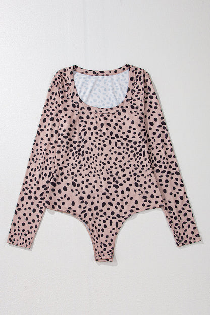 Smoke Gray Leopard Print Long Sleeve Scoop Neck Slim Fit Bodysuit