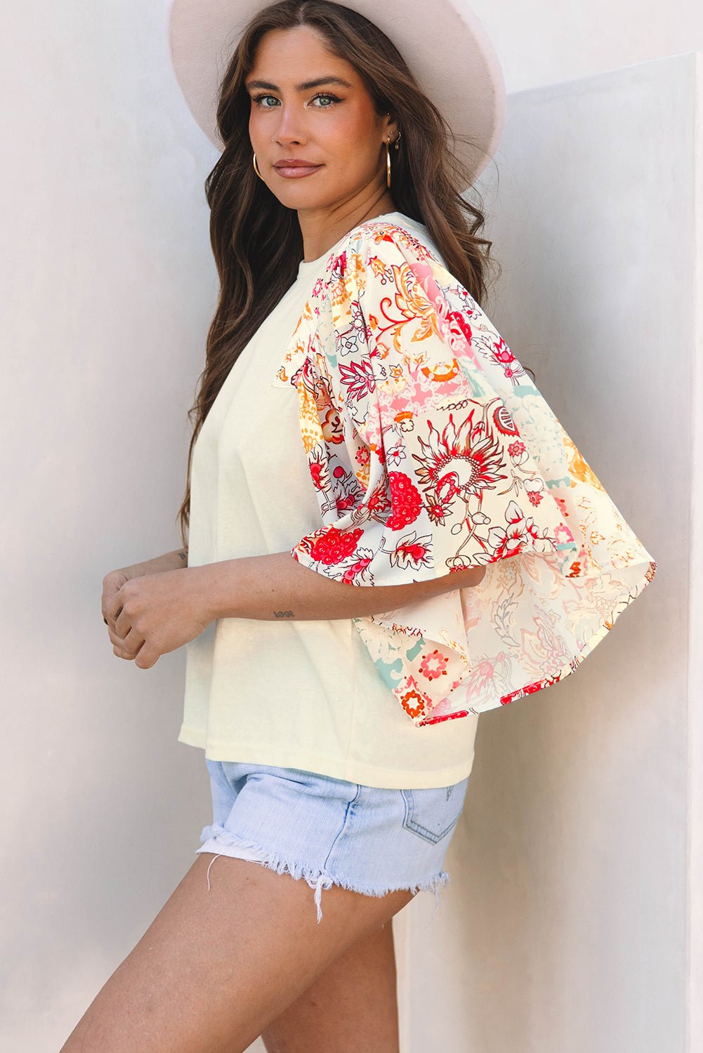 Beige Floral Patchwork Half Batwing Sleeve Blouse - Loving It Shop