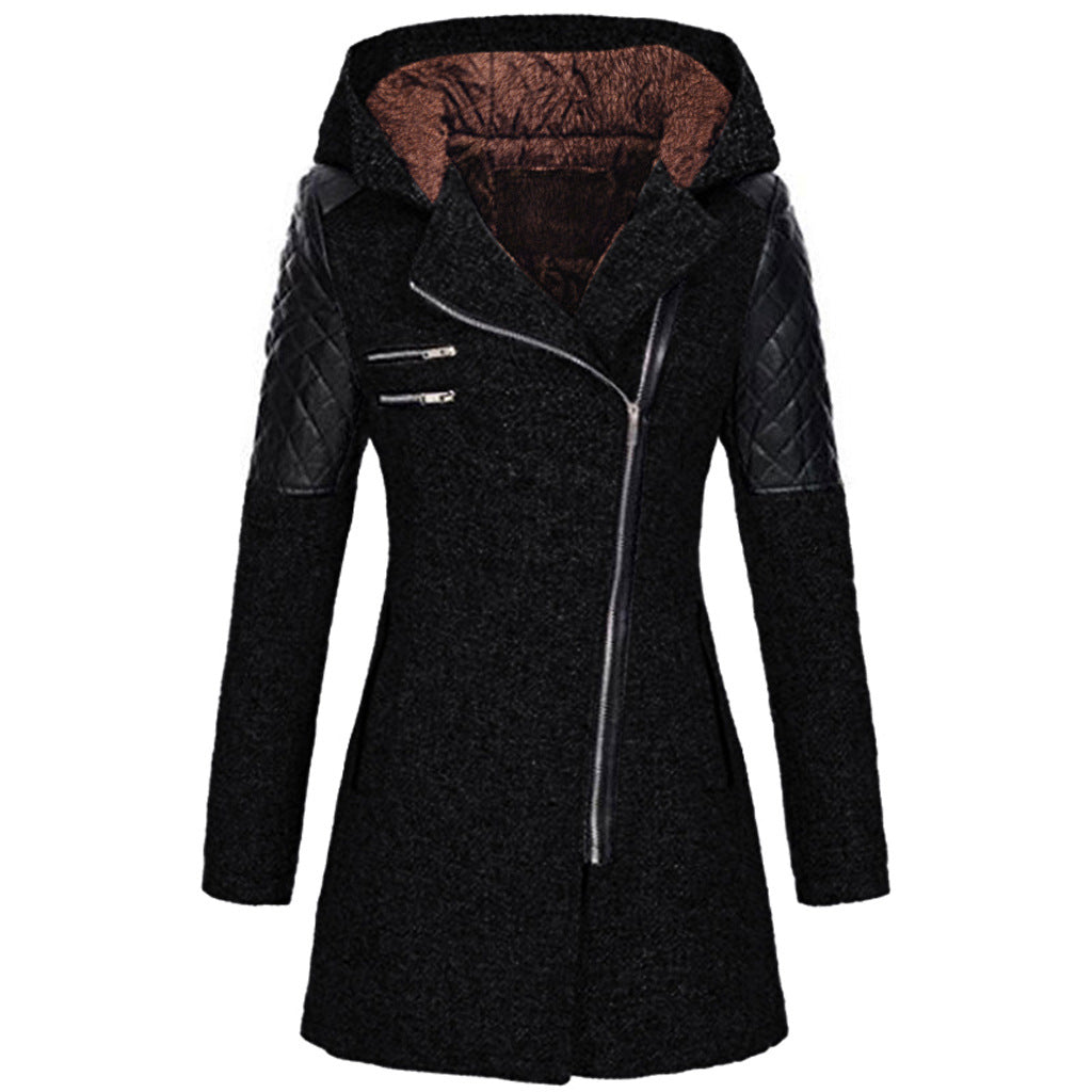 Women Warm Slim Full Zipper Coat Thick Woolen Coat Female Fall Winter Windbreaker Hooded Diagonal Zipper Women&
