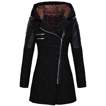 Women Warm Slim Full Zipper Coat Thick Woolen Coat Female Fall Winter Windbreaker Hooded Diagonal Zipper Women&