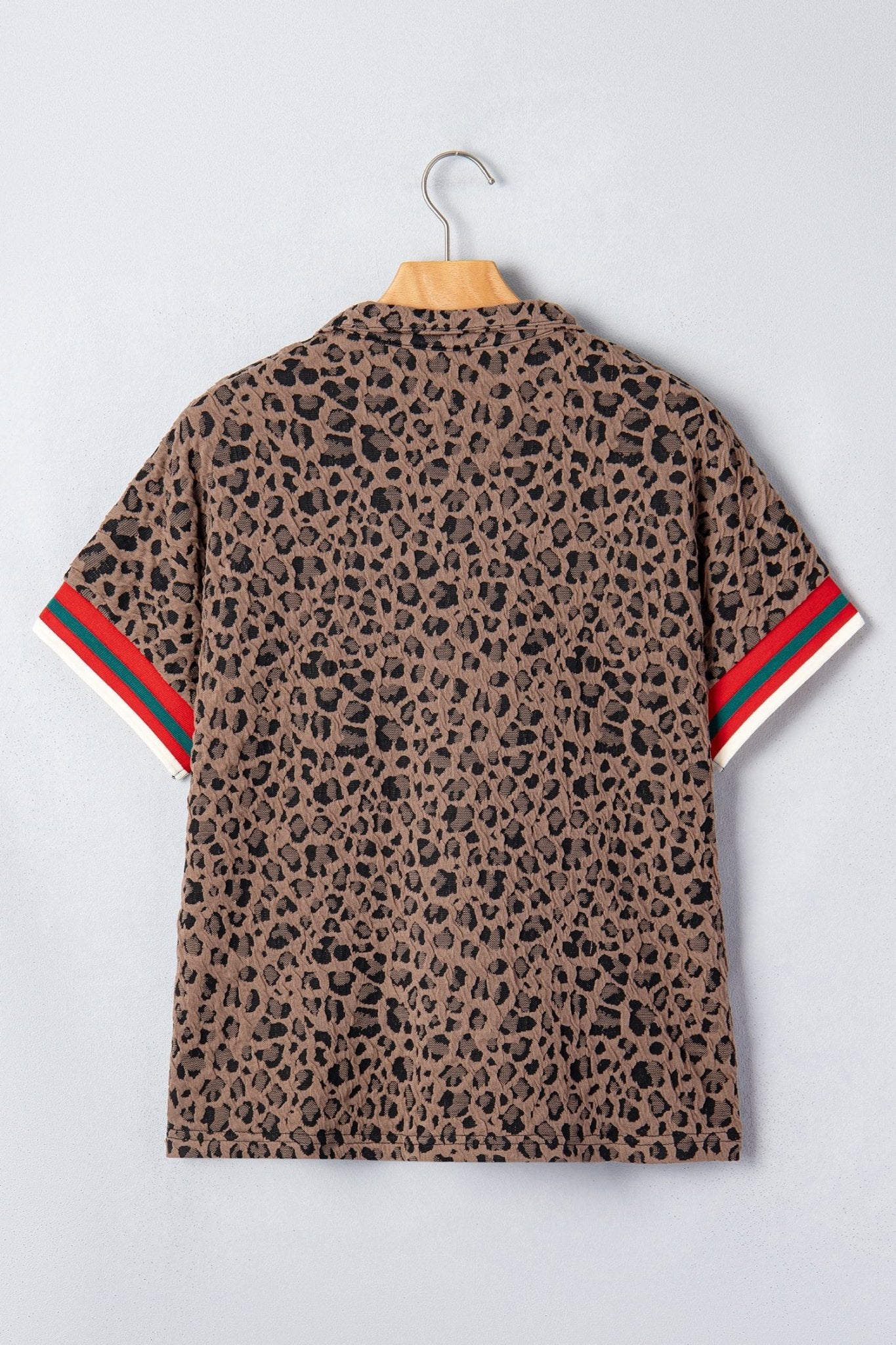 Brown Leopard Jacquard Striped Patchwork Half Zip Short Sleeve Blouse - Loving It Shop