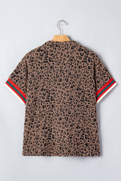 Brown Leopard Jacquard Striped Patchwork Half Zip Short Sleeve Blouse - Loving It Shop