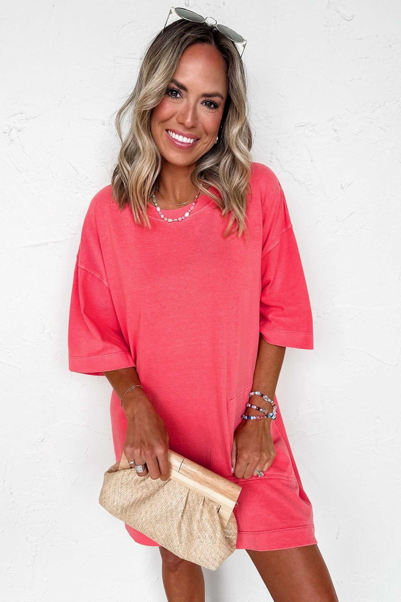Coral Paradise Drop Shoulder Loose Casual T Shirt Mini Dress - Loving It Shop