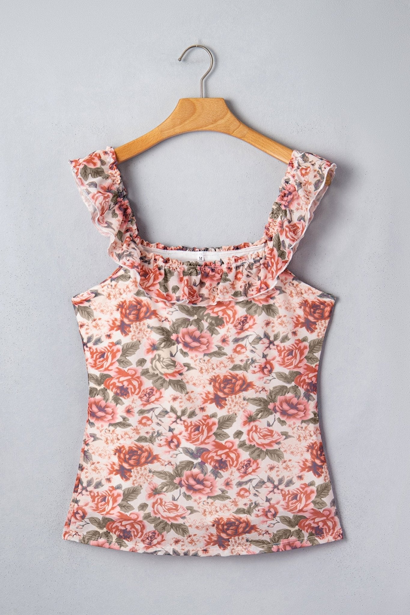 Multicolour Retro Floral Ruffle Trim Square Neck Tank Top - Loving It Shop