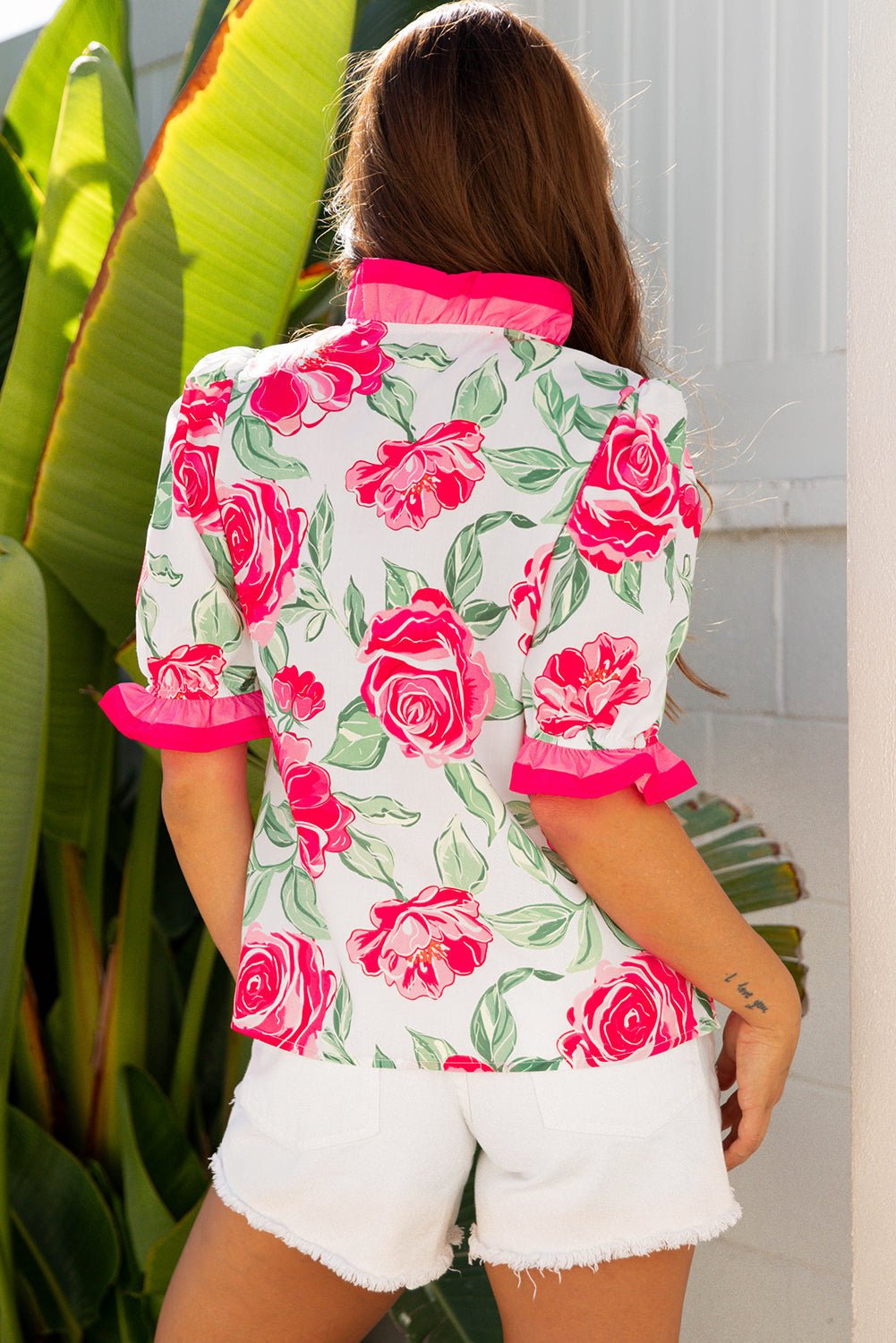 Rose Floral Frilled V Neck Short Sleeve Blouse Top - Loving It Shop