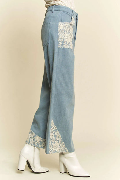 Davi &amp; Dani Lace Applique Wide Leg Jeans