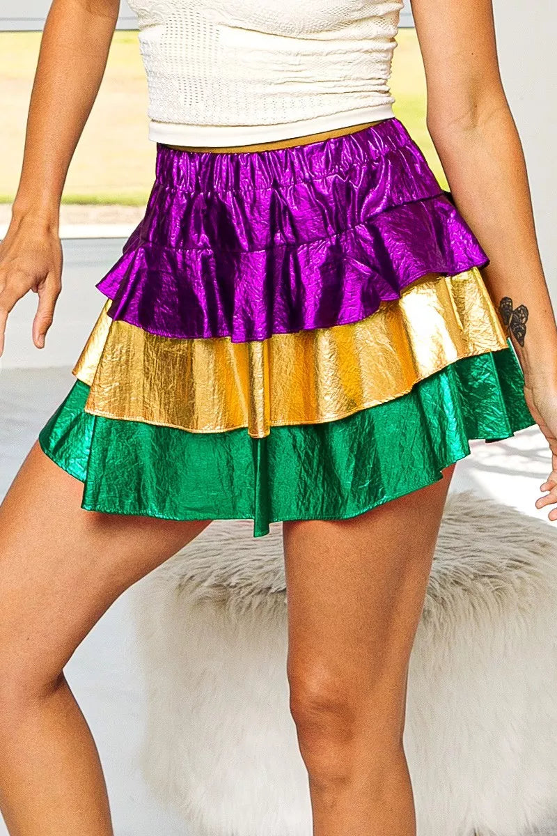 Mardi Gras Color Block Metallic Tiered Skirt