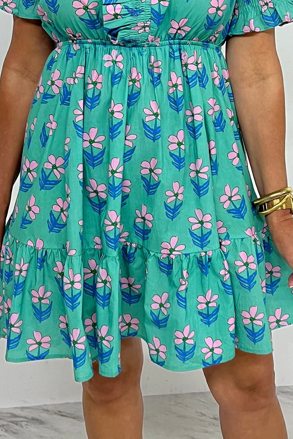 Green Floral Print Frilly Smocked Detail High Waist Mini Dress - Loving It Shop