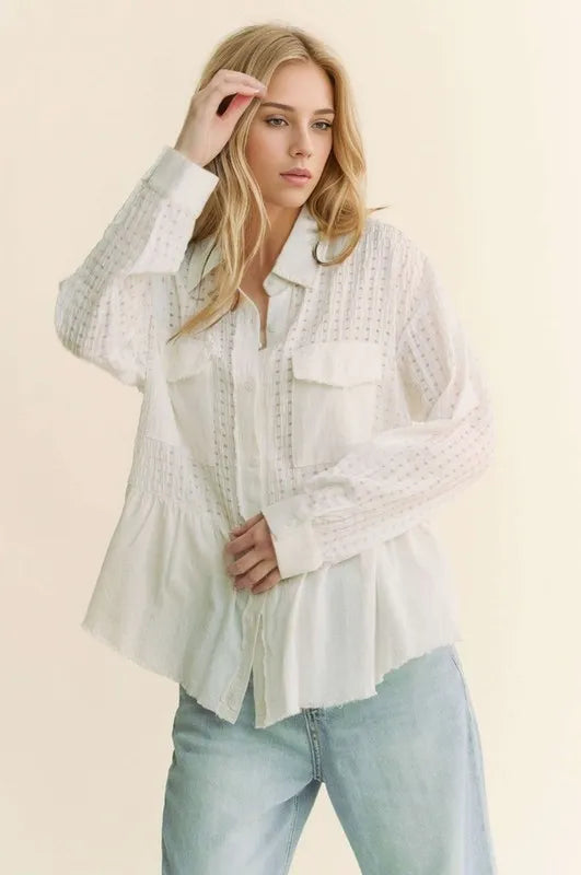 Davi &amp; Dani Garment Washed Jacquard Button Front Shirt