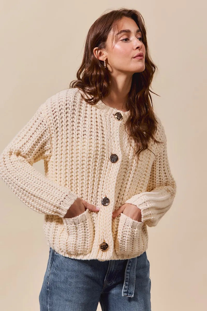Metal Button Long Sleeve Chunky Sweater Cardigan