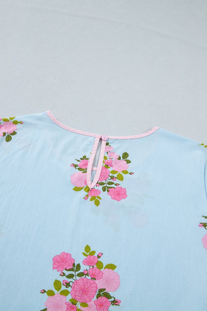Sky Blue Floral Print Button Cuffed 3/4 Sleeve Round Neck Blouse - Loving It Shop