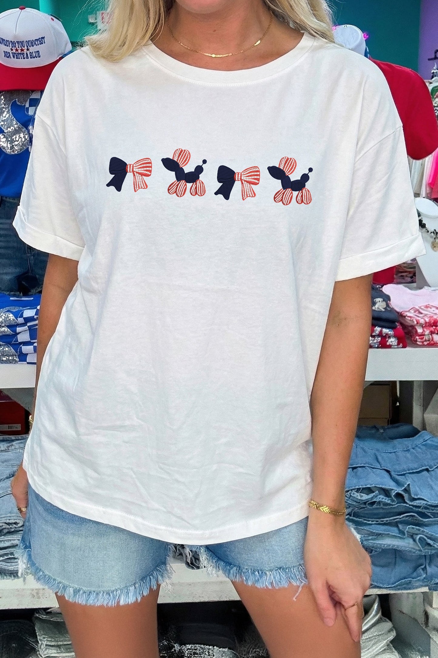 White American Coquette Embroidered Dog Casual T Shirt