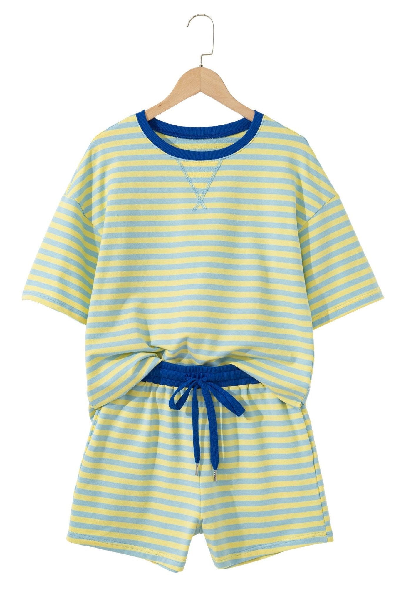 Yellow Stripe Drop Shoulder Boxy Casual Terry Short Set - Loving It Shop