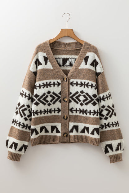 Dark Khaki Ethnic Geometric Pattern Button Front V Neck Sweater Cardigan