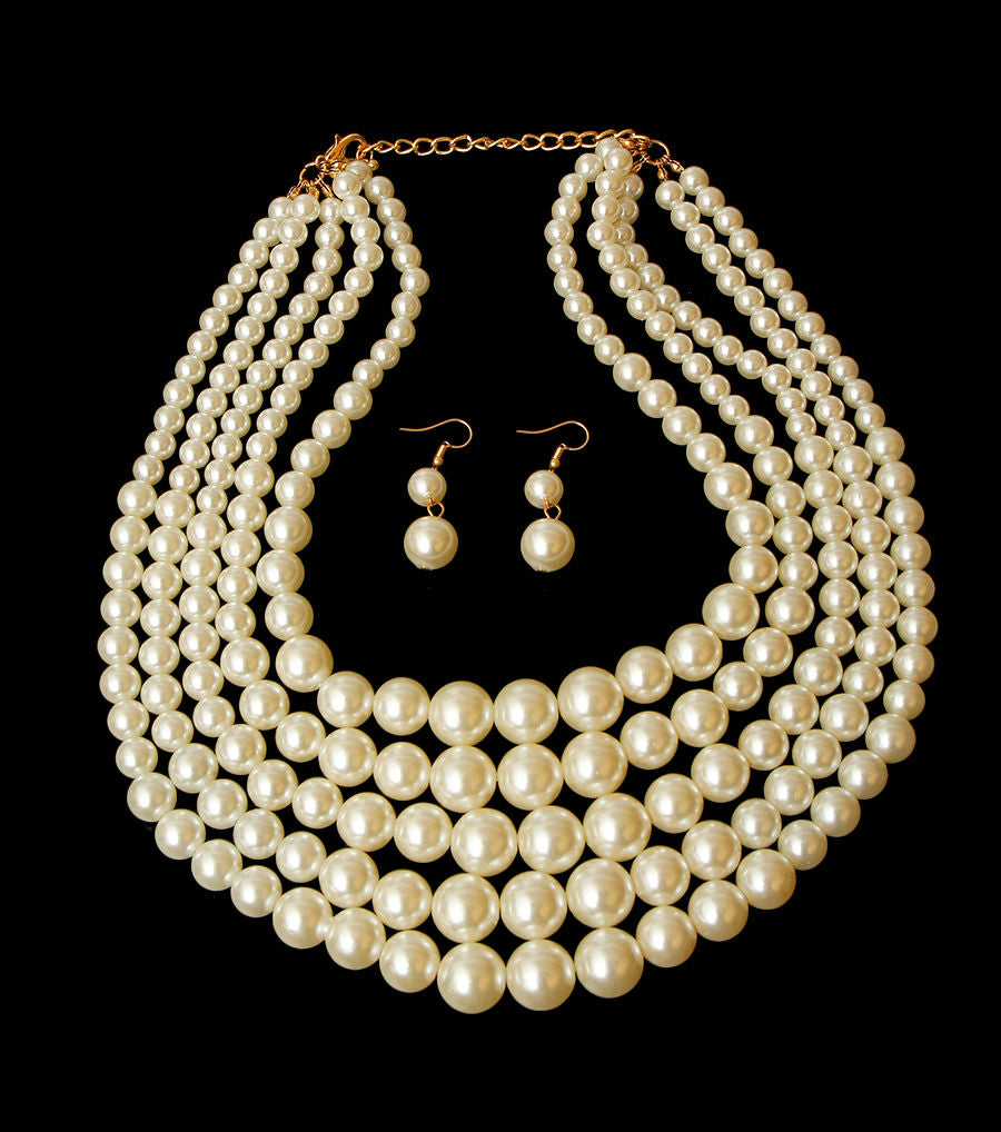Multi Strand Cream Pearl Statement Necklace Set Elegant Chic Jewelry