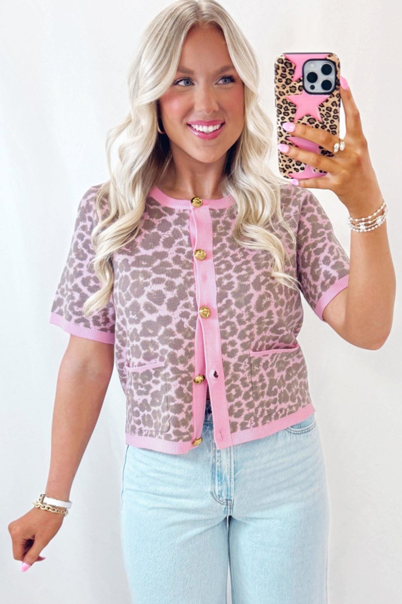 Pink Leopard Button Down Short Sleeve Sweater Cardigan - Loving It Shop