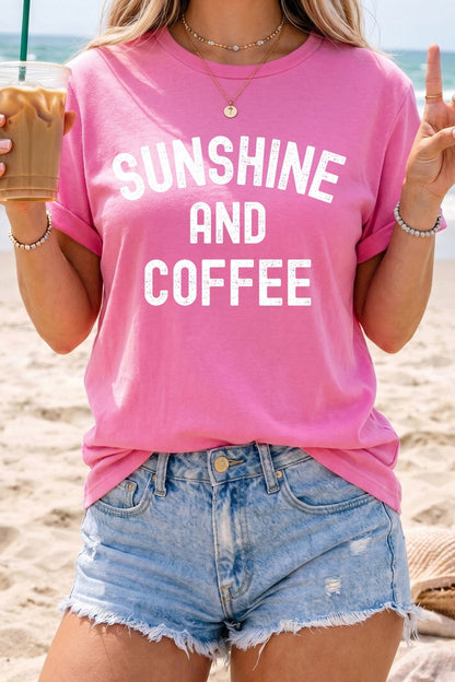 Sachet Pink SUNSHINE AND COFFEE Summer Beachwear Graphic Tee - Loving It Shop