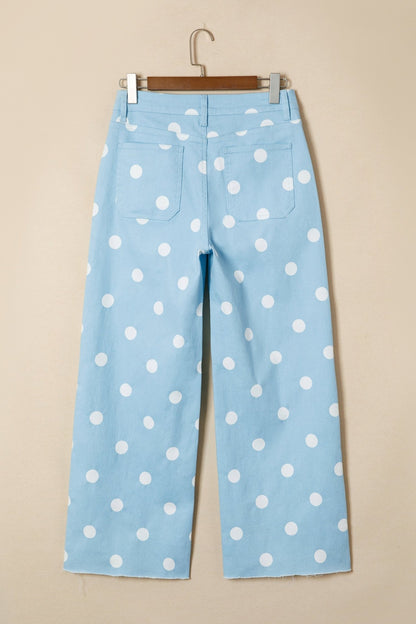 Sky Blue Polka Dot Print Raw Hem Shift Jeans - Loving It Shop