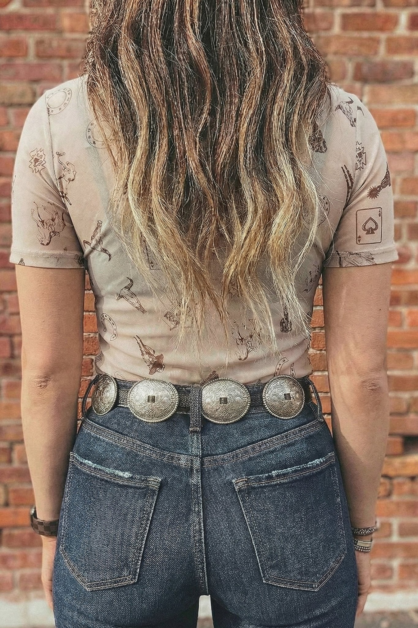 Oatmeal Western Printed Mesh Short Sleeve Top - Loving It Shop