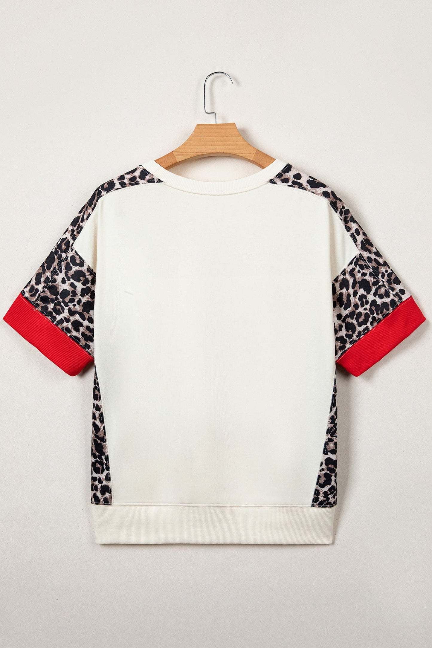 Beige Leopard Block Patchwork Uneven Hem Short Sleeve Top