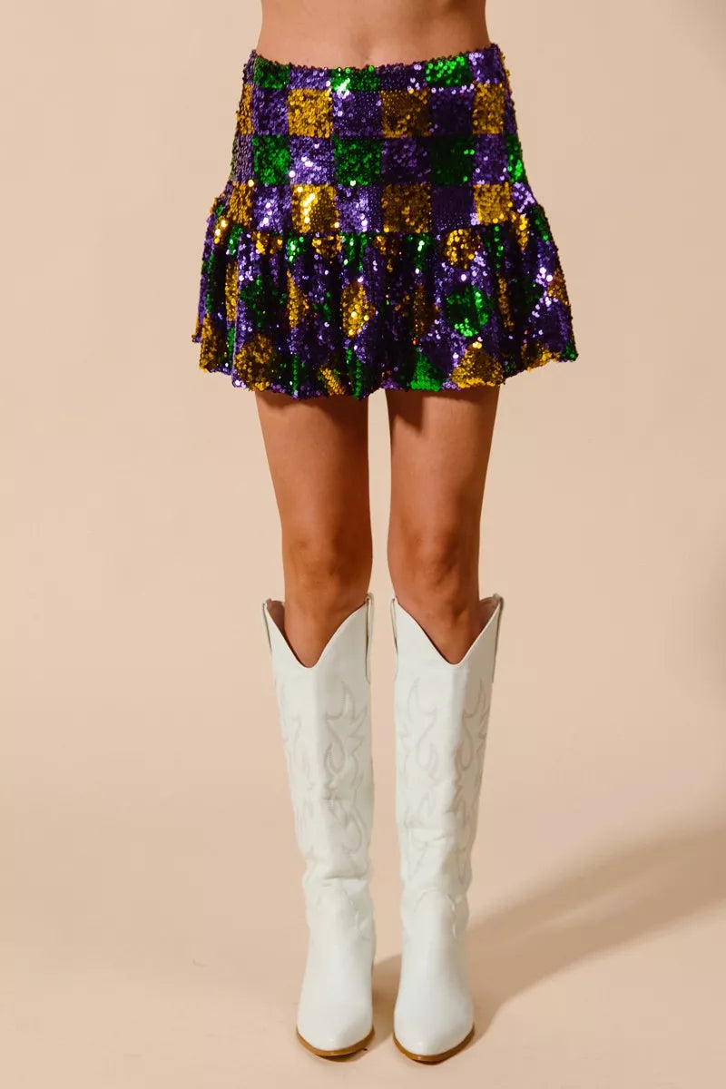 Mardi Gras Checker Sequins Mini Skirt
