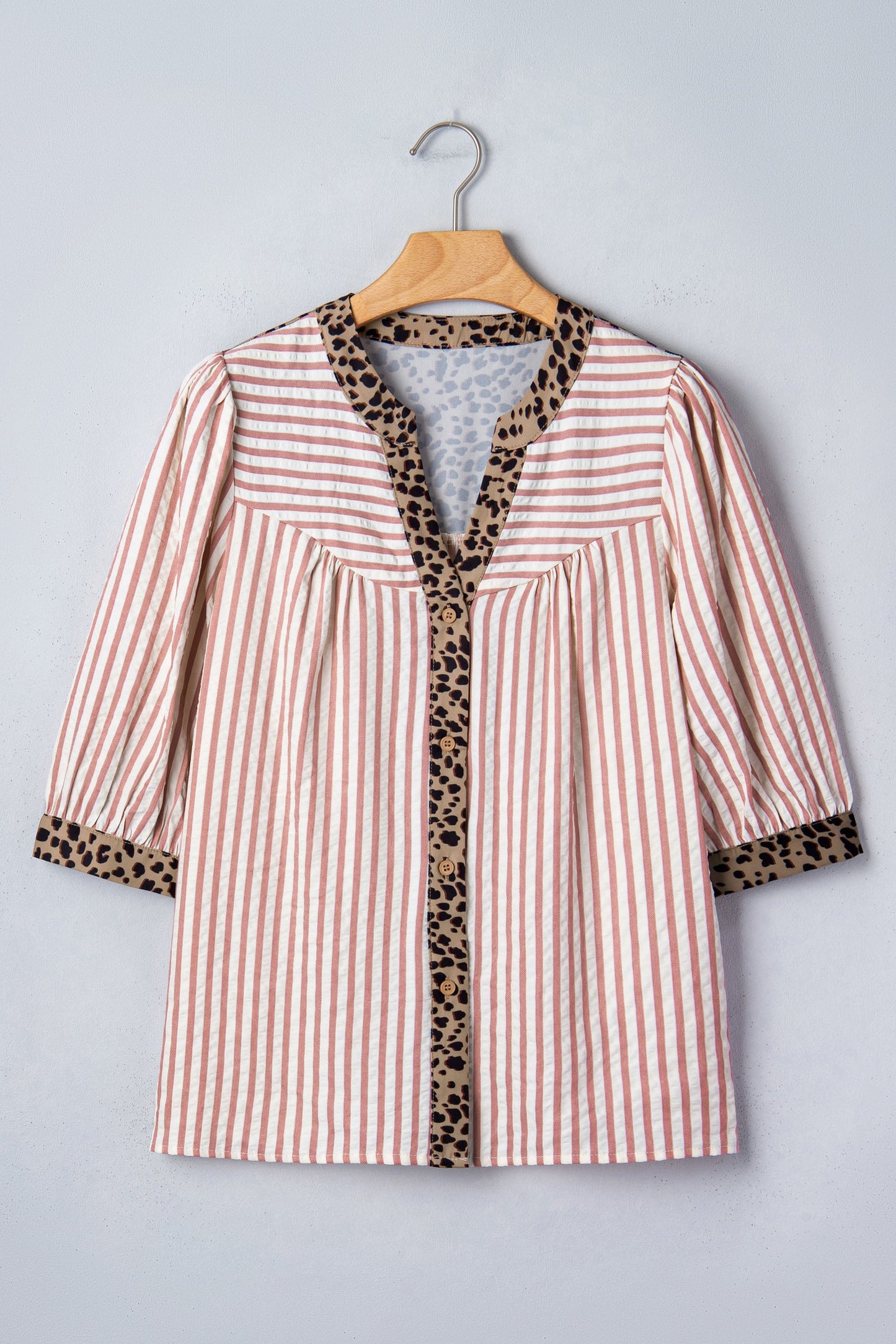 Pink Stripe Leopard Trim V Neck Button Down Half Sleeve Shirt