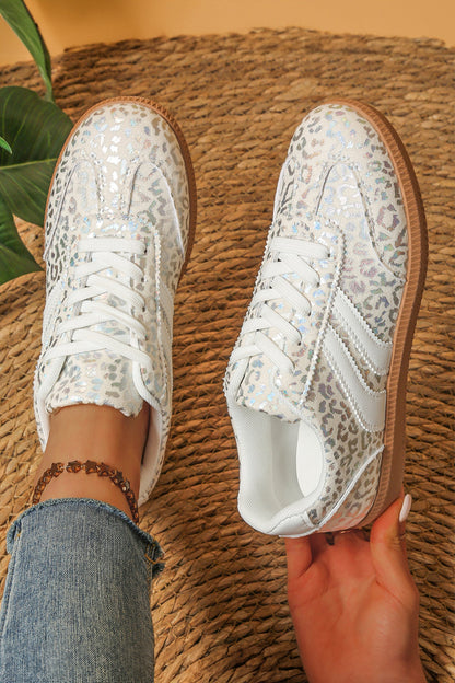 Coffee PU Leather Detail Shimmer Leopard Printed Lace-up Sneakers