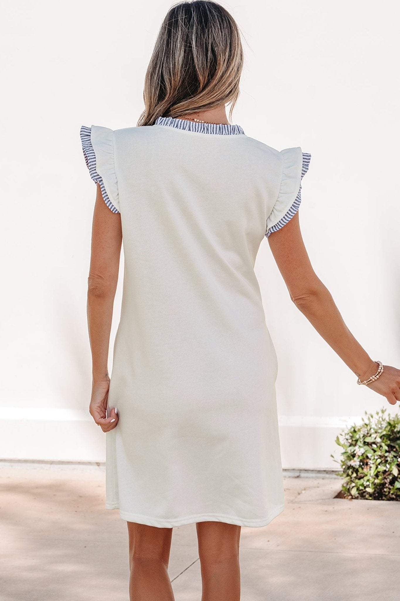 White Contrasted Striped Patchwork Split Neck Ruffle Trim Sleeveless Dress - Loving It Shop