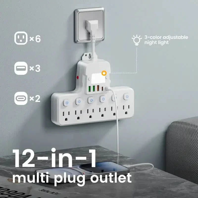 12-in-1 Adjustable Desk Lamp Power Strip – 6 AC Outlets, 3 USB-A &amp; 2 Type-C Ports, Surge Protection