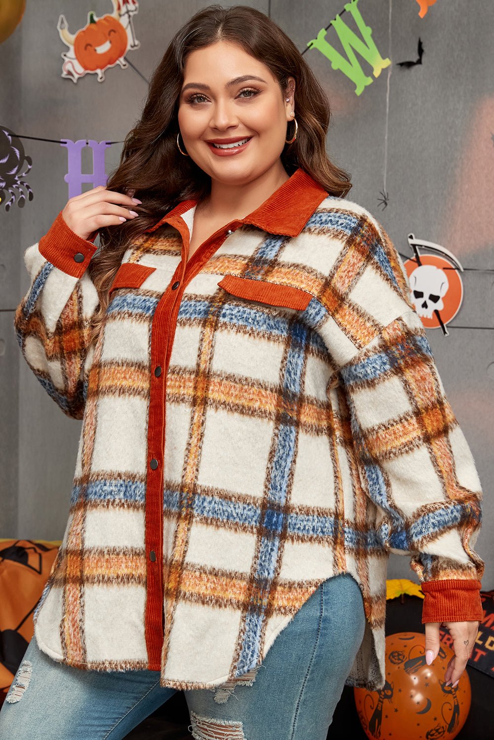 Brown Stripe Plus Size Plaid Print Collared Buttoned Jacket - Loving It Shop