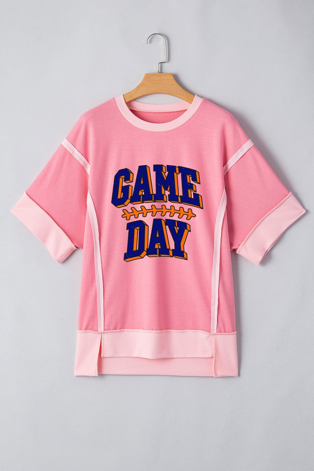Peach Blossom Raw Seam Patchwork GAME DAY Letter Graphic Loose Tee - Loving It Shop