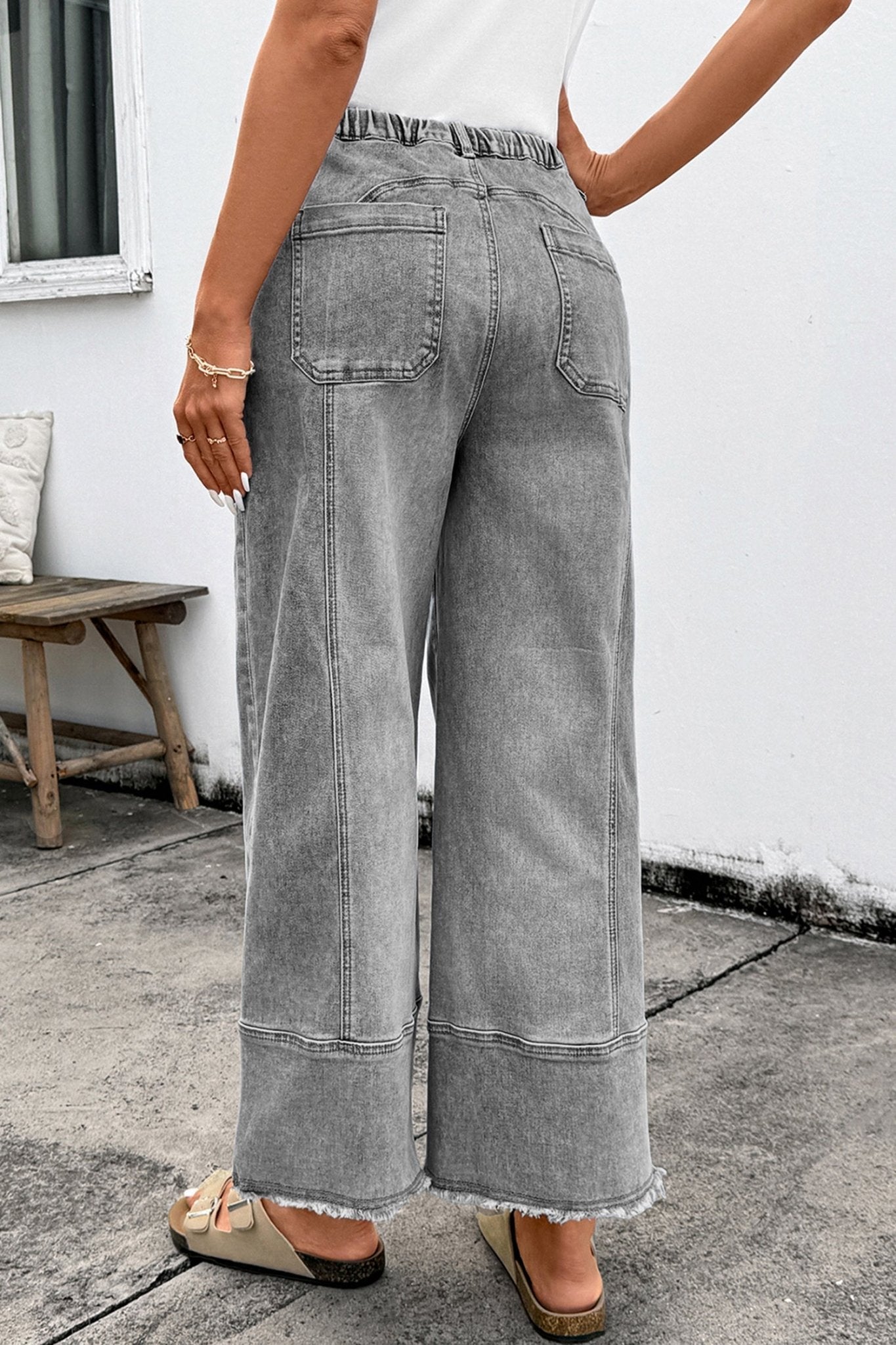 Gray Drawstring Seam Detail Raw Hem Wide Leg Denim Pants - Loving It Shop