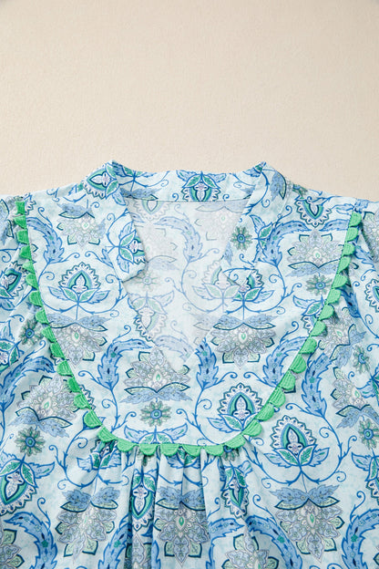 Sky Blue Boho Paisley Print Contrasted Patchwork Detail Bracelet Sleeve Loose Mini Dress