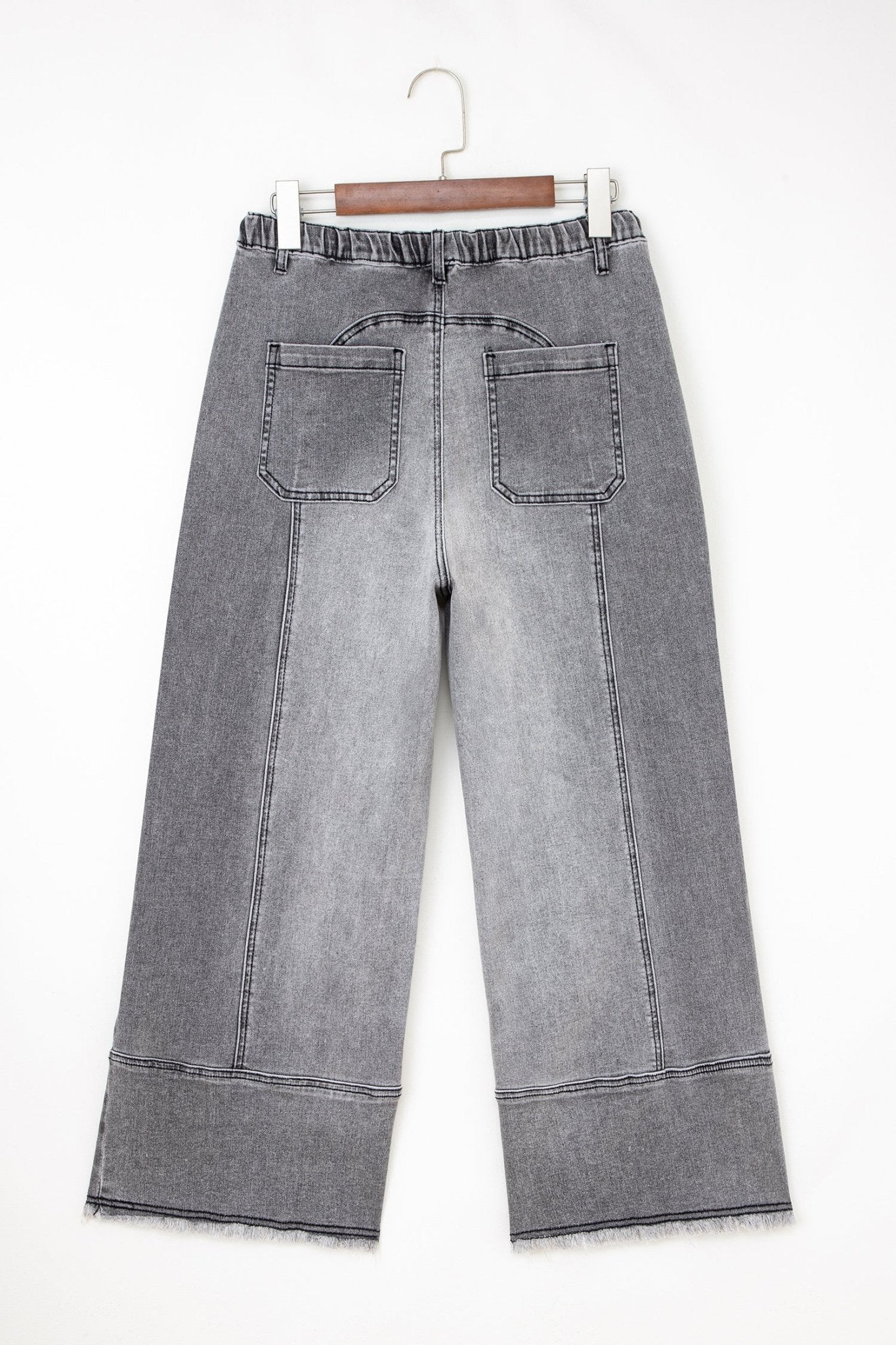Gray Drawstring Seam Detail Raw Hem Wide Leg Denim Pants - Loving It Shop