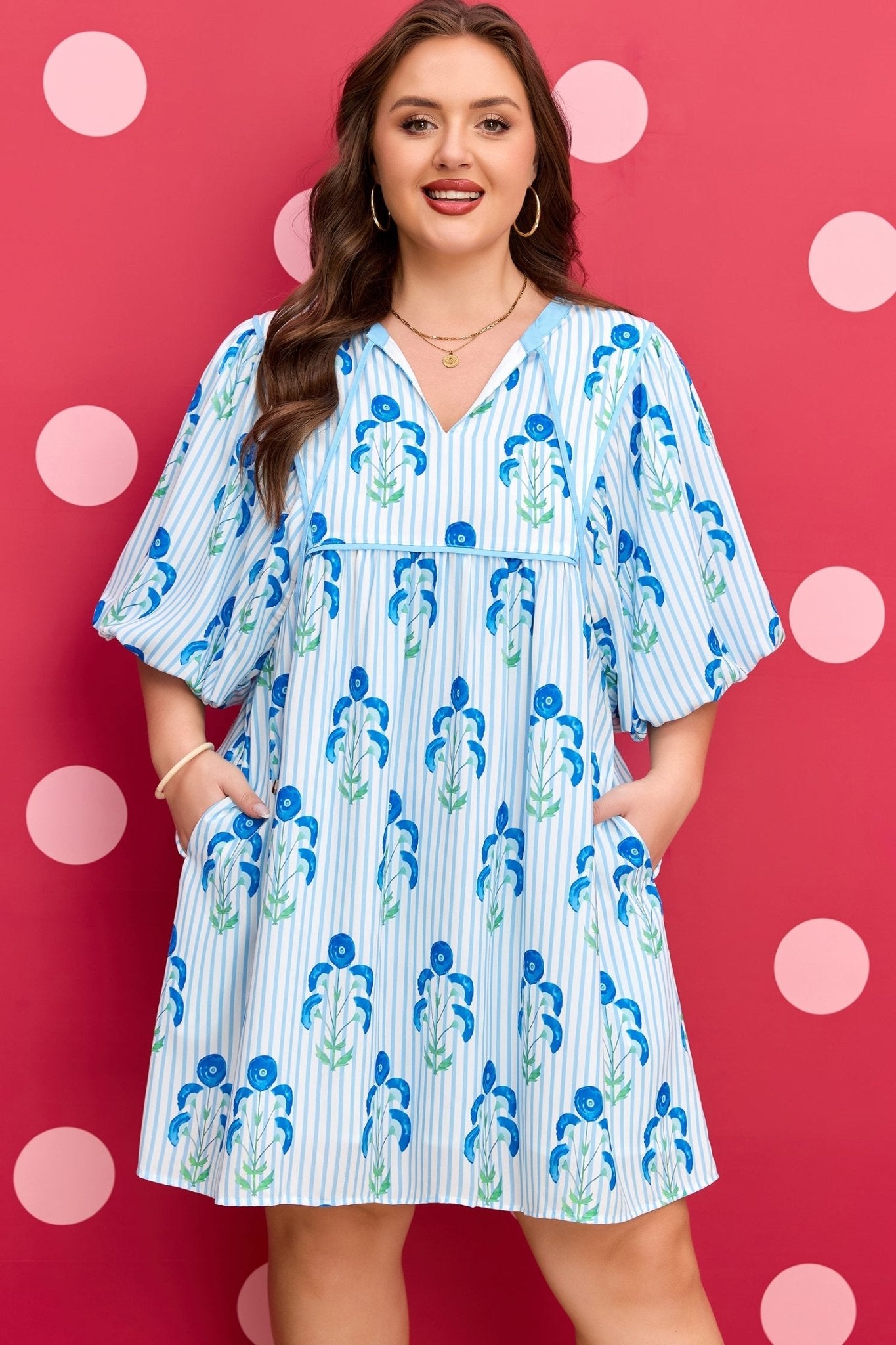 Sky Blue Floral Striped Bubble Short Sleeve Plus Size Dress - Loving It Shop
