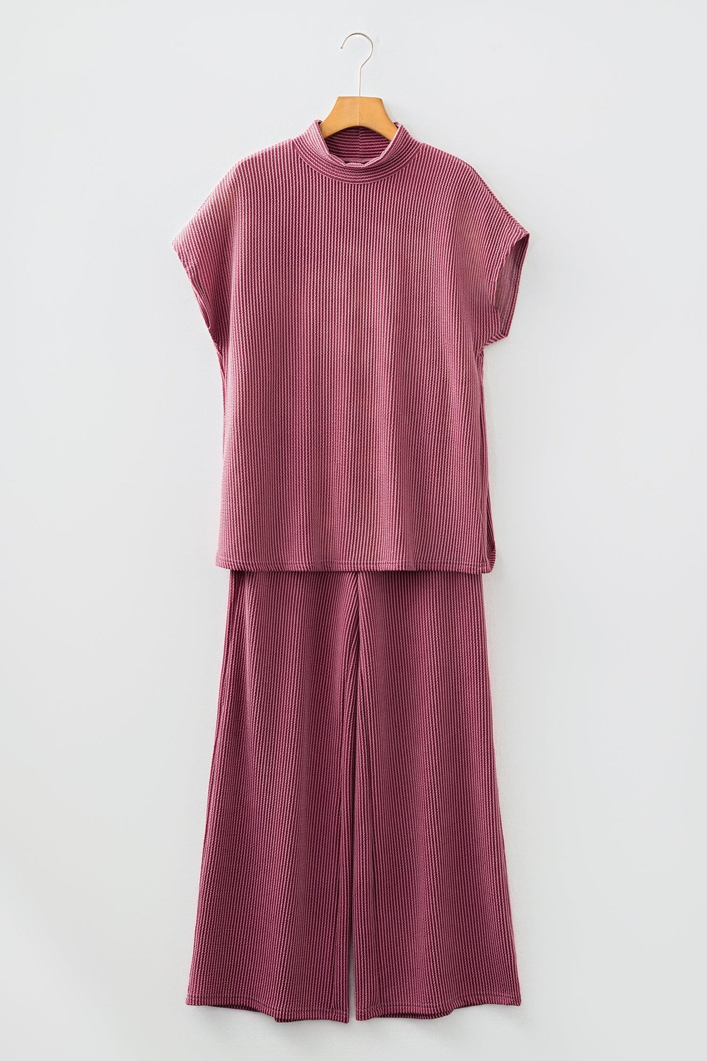 Burgundy Twisted Ribbed High Neck Loose Tee Elastic High Waist Loose Pant Set