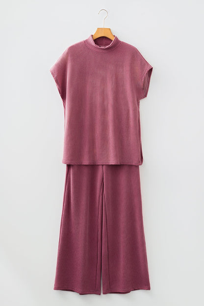 Burgundy Twisted Ribbed High Neck Loose Tee Elastic High Waist Loose Pant Set