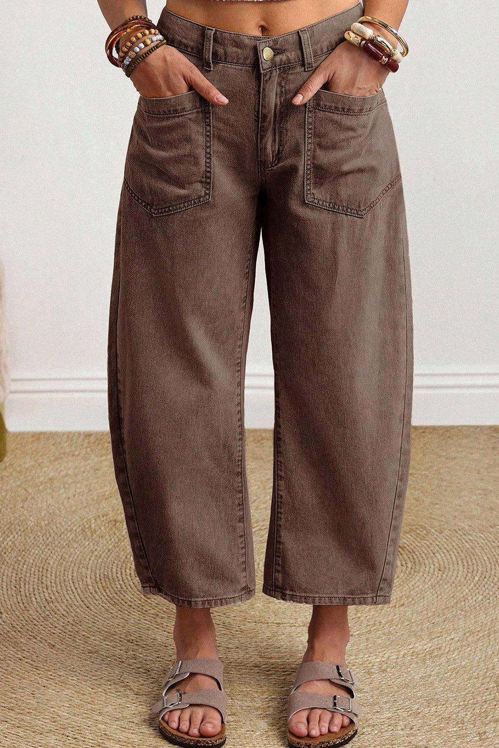 Coffee Solid Color Square Patch Pocket Ankle - length Barrel Jeans - Loving It Shop