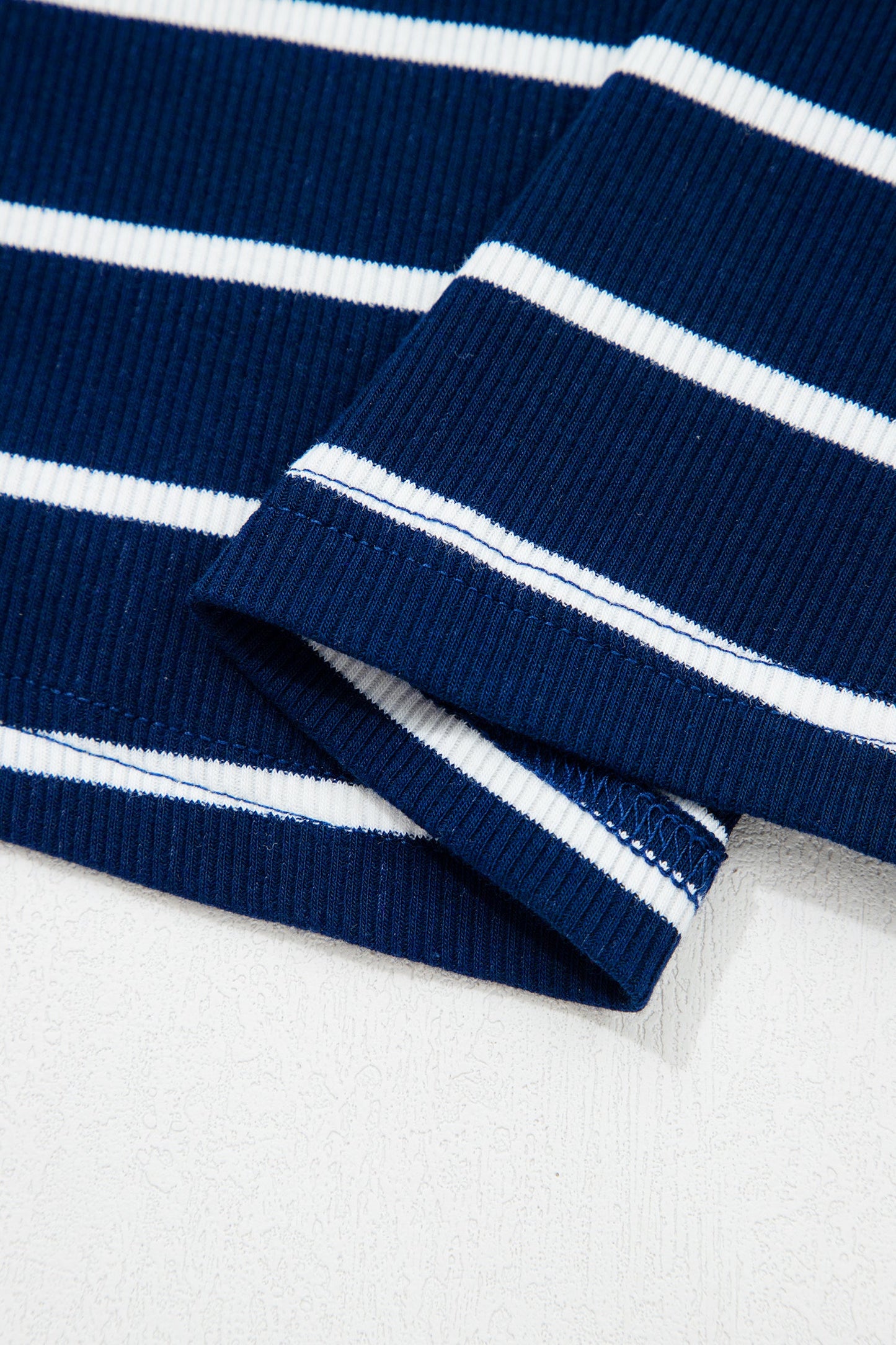 Blue Stripe Stand Collar V Neck Elastic Cuffs Half Sleeve Dolman Top