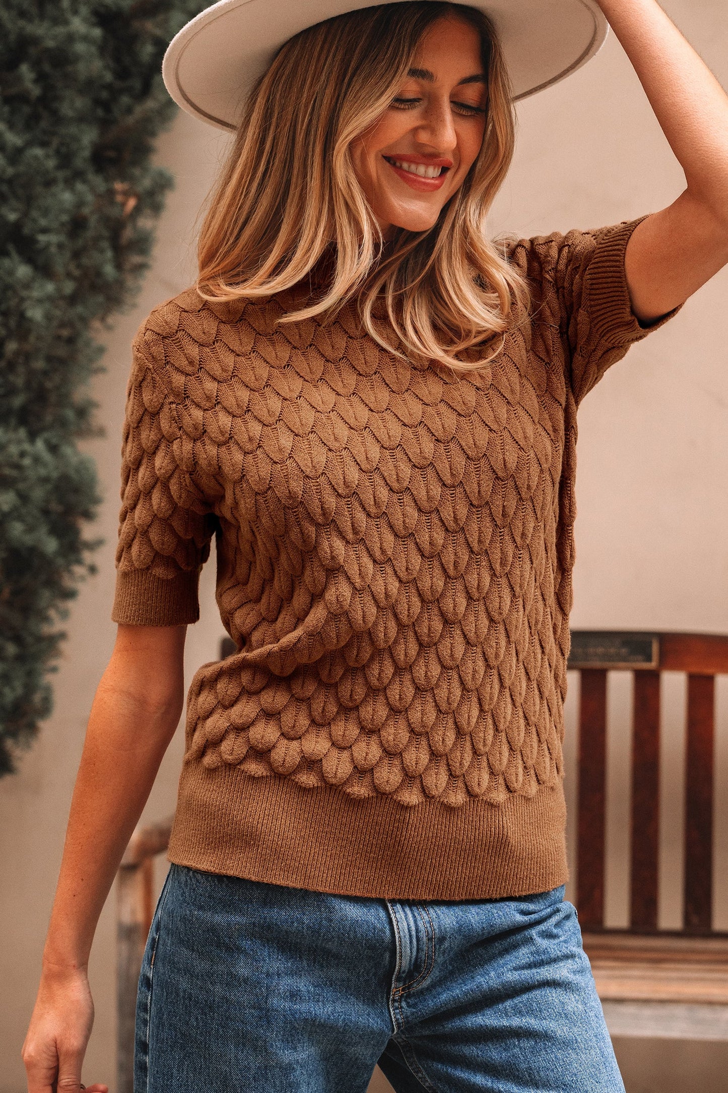 Straw Yellow Fish Scale Textured Knit Ribbed High Neck Short Sleeve Sweater
