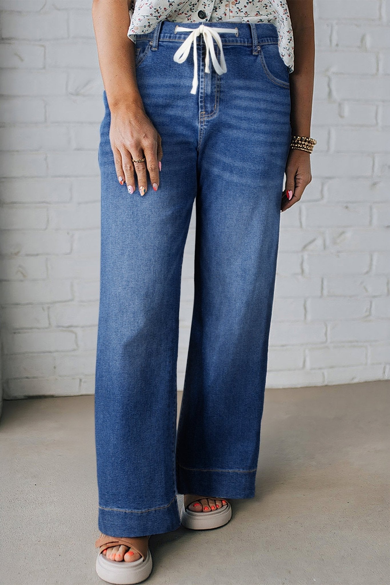 Dark Blue Acid Wash Contrast Lace - up Plus Size Jeans - Loving It Shop