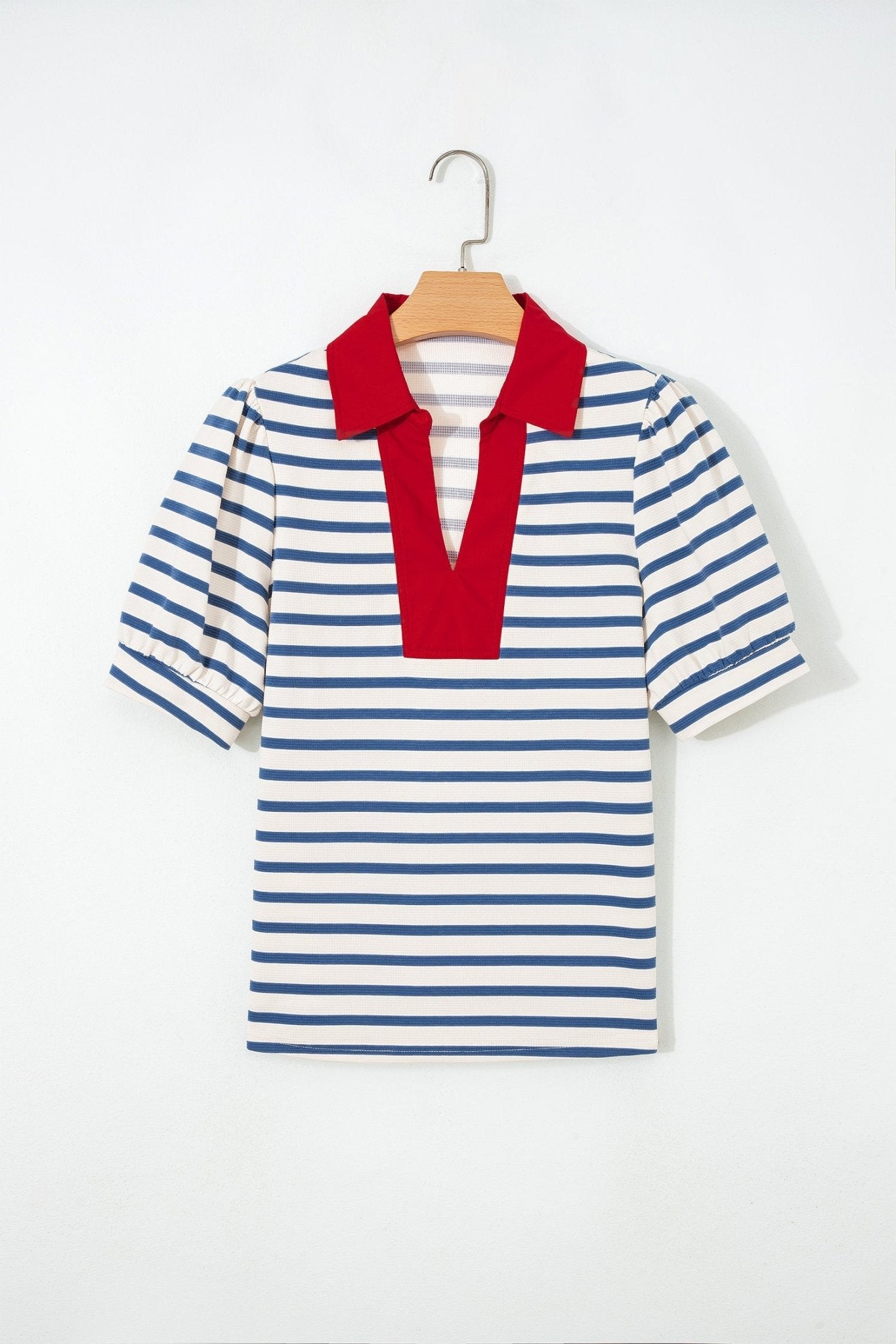 Blue Stripe Short Puff Sleeve Color Block Polo Collar Blouse - Loving It Shop
