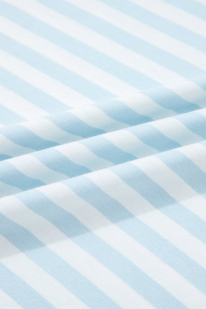 Sky Blue Stripe Contrast Neck Loose Tee and Drawstring Shorts Set - Loving It Shop