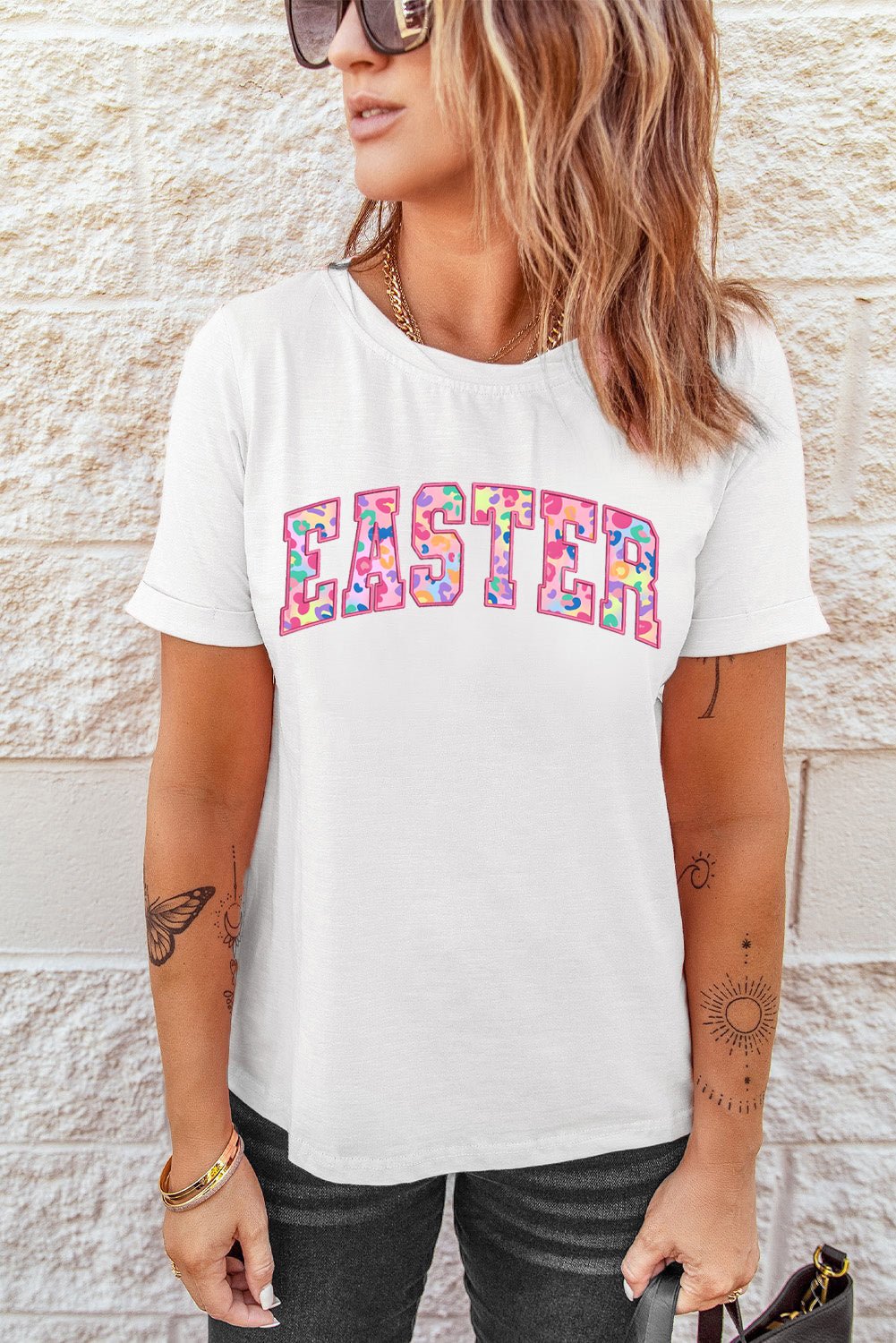 White Cheerful Leopard EASTER Letter Graphic Tee - Loving It Shop