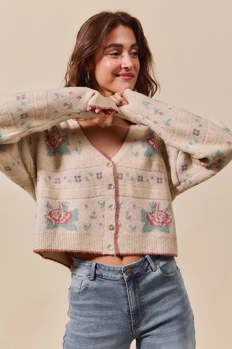 Floral Pattern Long Sleeve Button Sweater Cardigan