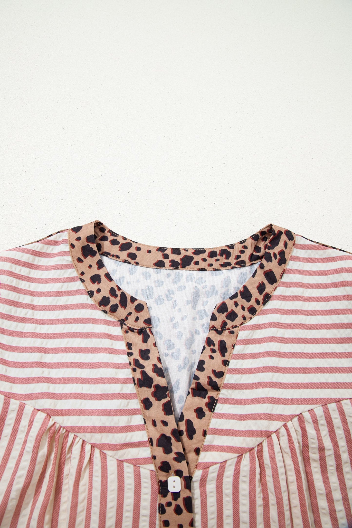 Pink Stripe Square Button Leopard Trim Loose Bracelet Sleeve Shirt Dress