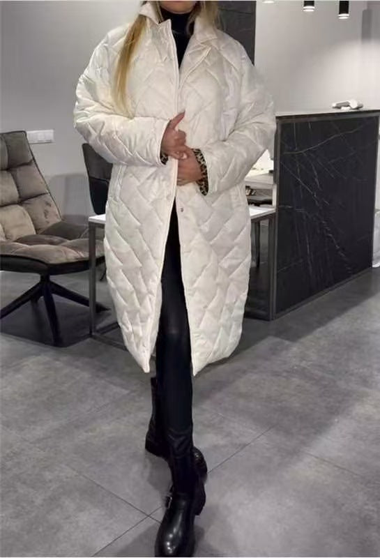 Winter Rhombus Stitching Coat Warm Solid Color Pocket Lapel Long Jacket Women&