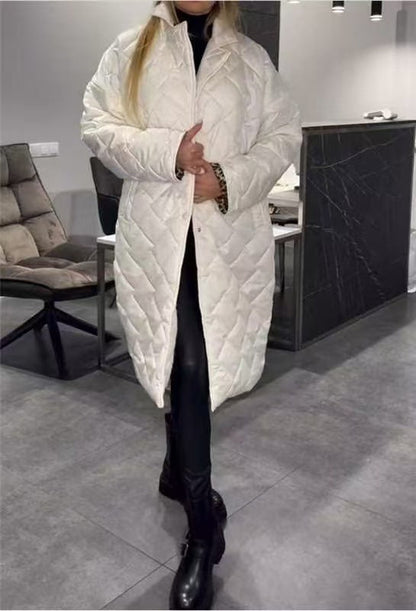 Winter Rhombus Stitching Coat Warm Solid Color Pocket Lapel Long Jacket Women&