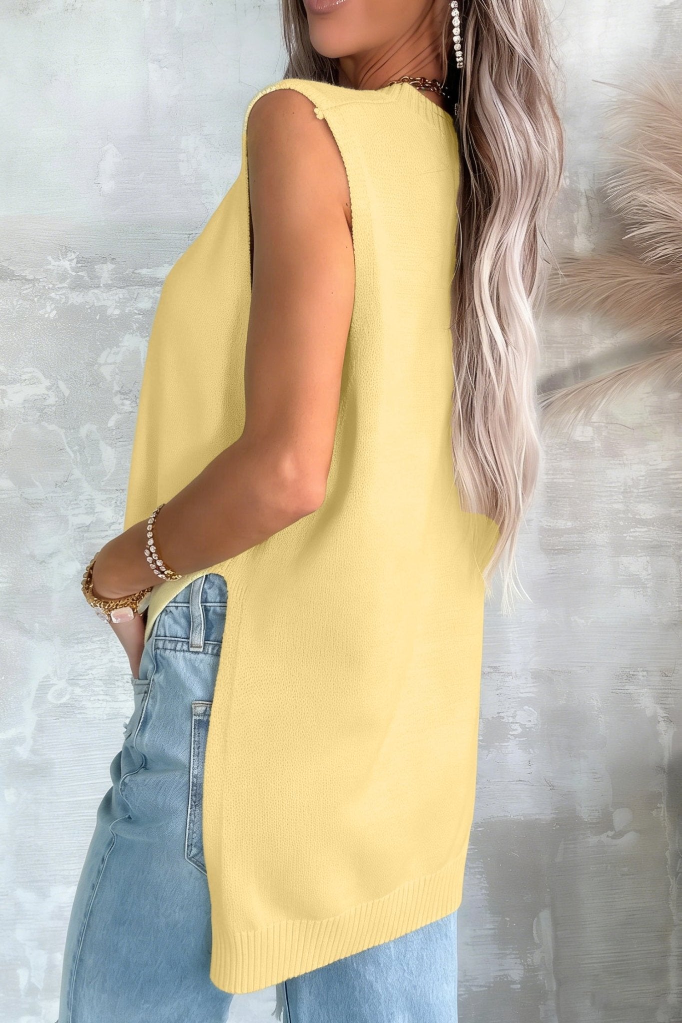 Yellow Cream Large Armhole Side Slit Loose Sweater Vest - Loving It Shop