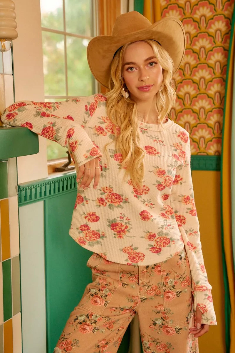 Floral Print Washed Waffle Thermal Top With Thumb